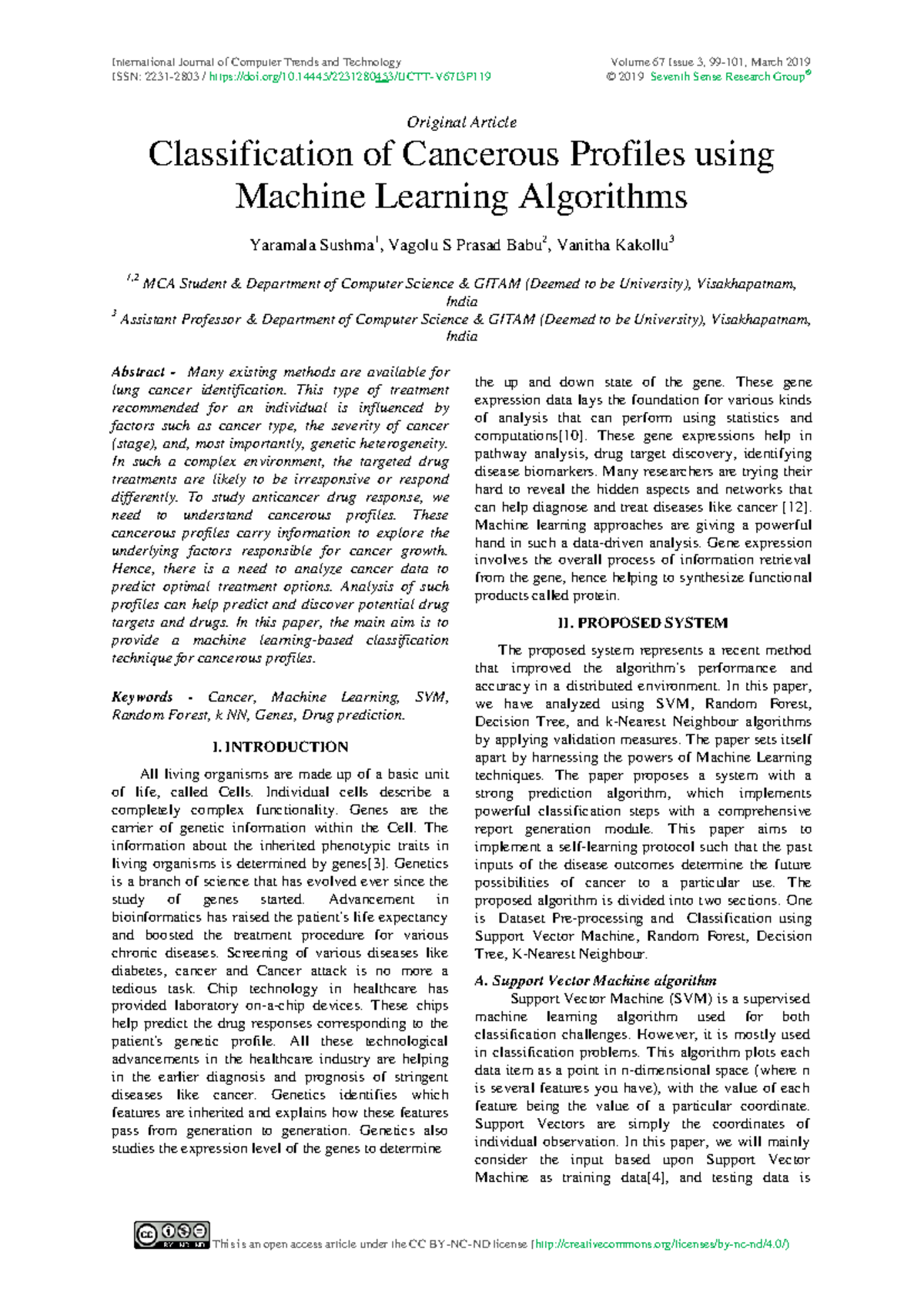 Classification of Cancerous Profiles via ML Algorithms: IJCTT-V67I3P119 ...