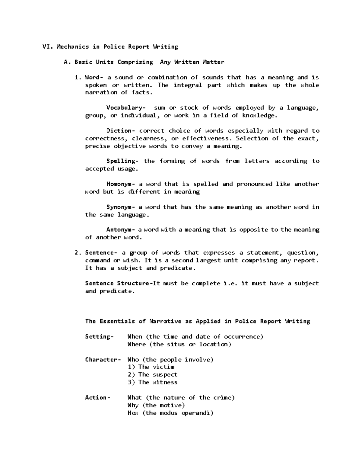 6. Mechanics IN Police Report Writing - VI. Mechanics in Police Report ...
