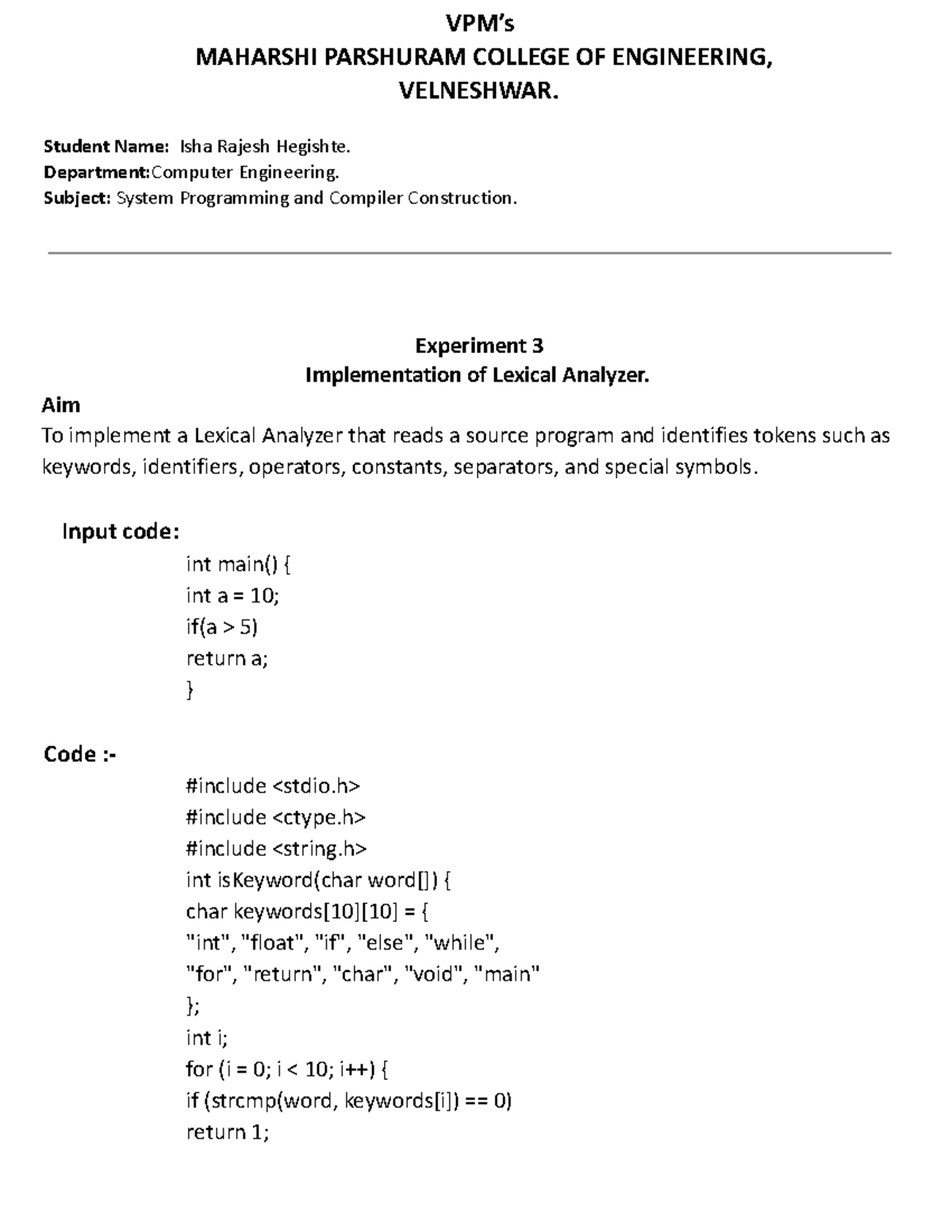SPCC 2 - Experiment 3: Lexical Analyzer Implementation - Studocu