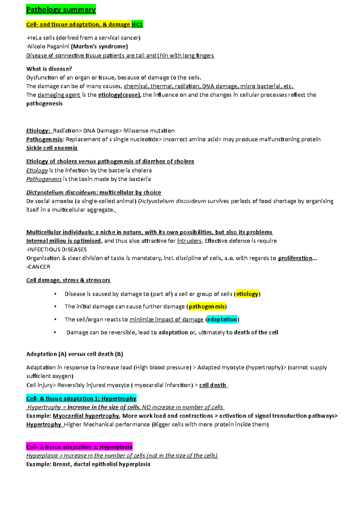 Pathology Summary: Cellular Responses, Damage Mechanisms & Adaptation ...