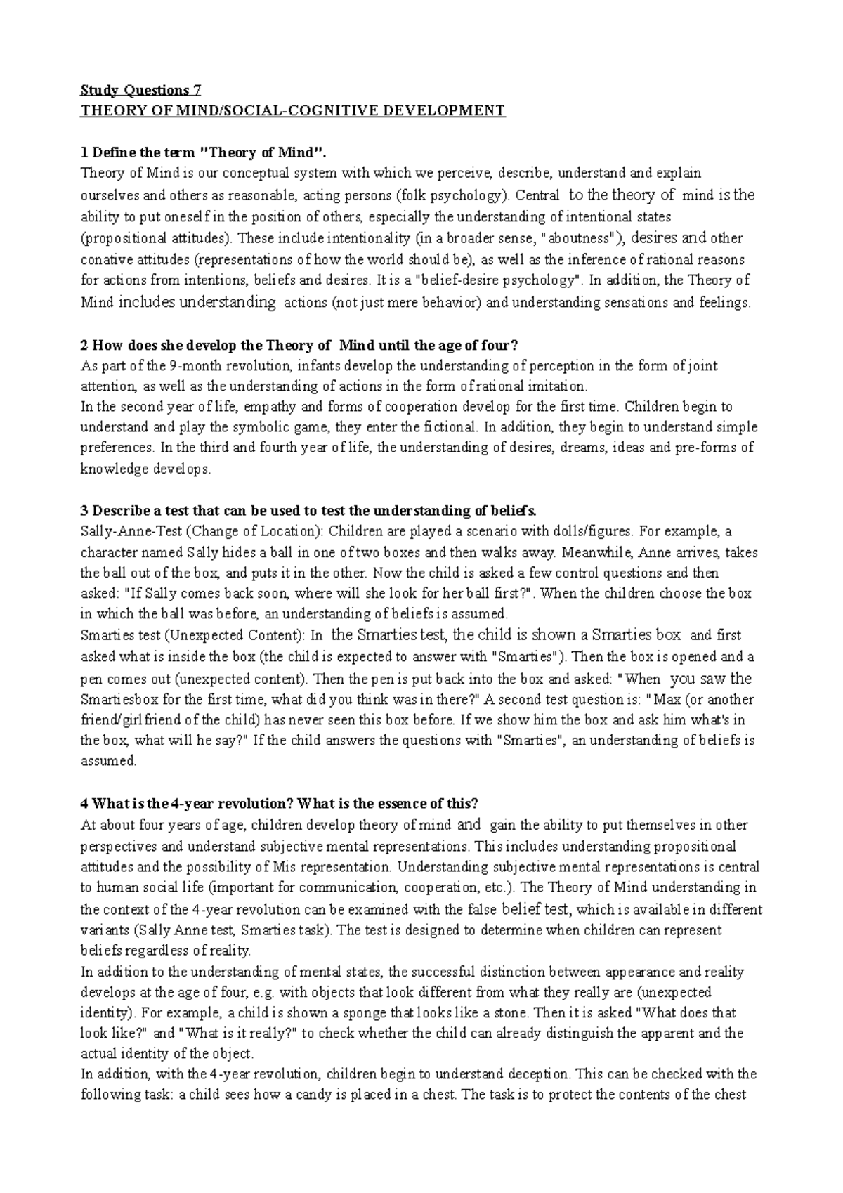 Study Questions 7 - Theory of Mind Development in Cognitive Psychology ...