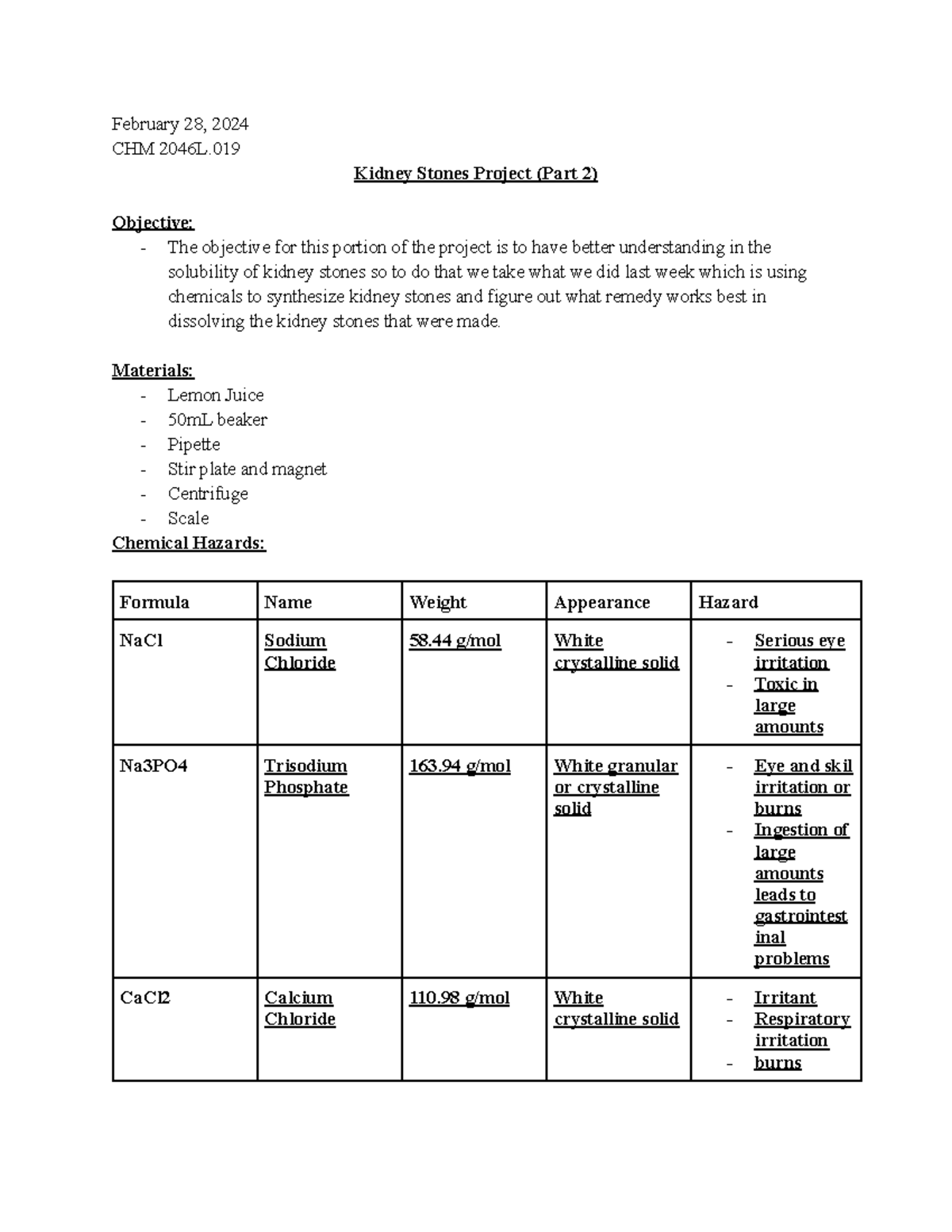 CHM 2046L Kidney Stones Project Pre-Lab Plan Part 2 - Studocu