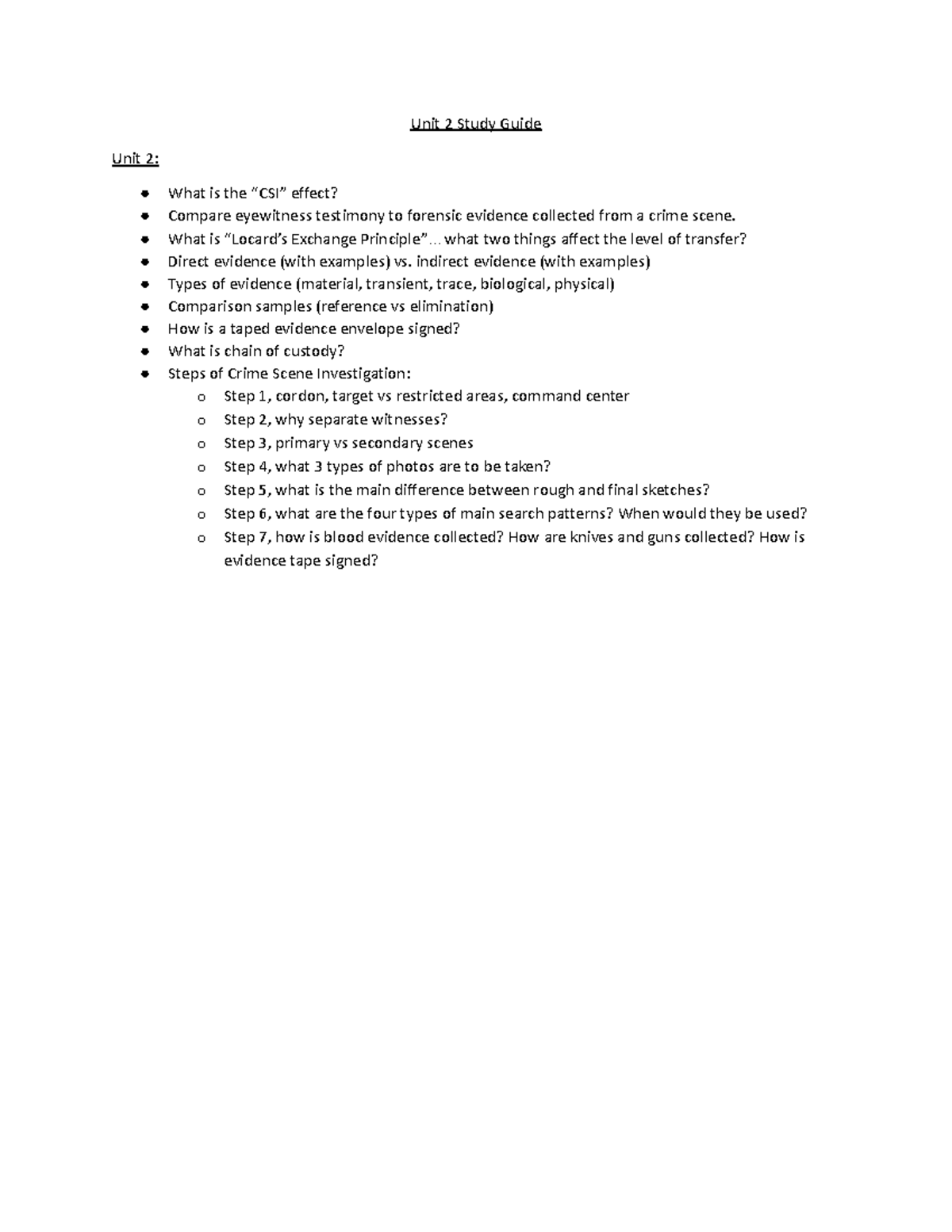 Unit 2 Study Guide: Crime Scene Investigation Techniques & Evidence ...