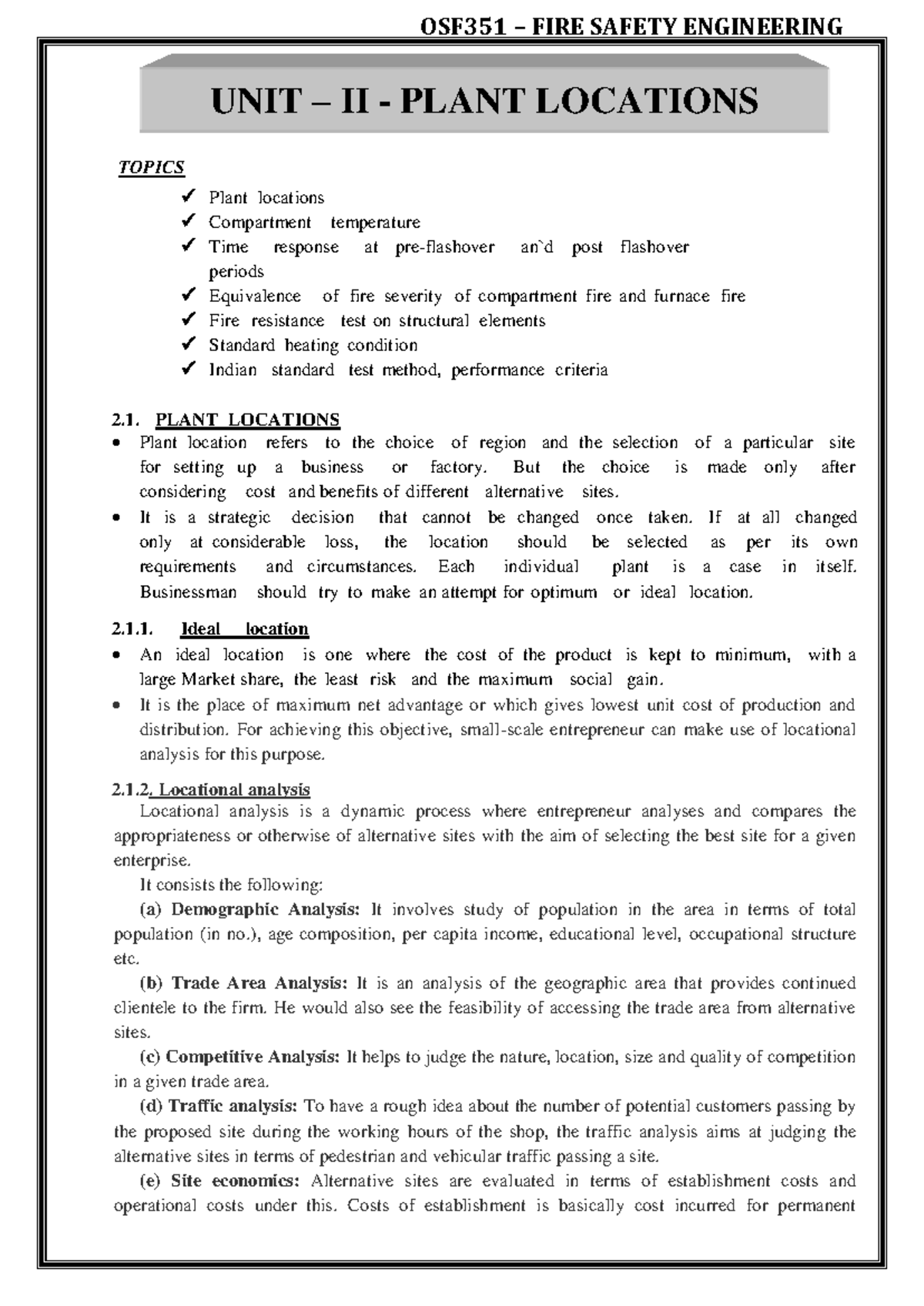 OSF351 Fire Safety Engineering: Unit II - Plant Locations & Compartment ...