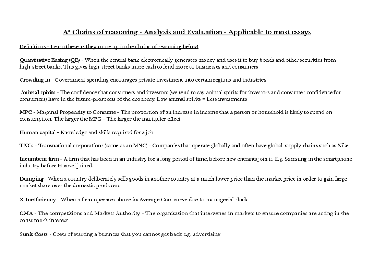 Econ Evaluation - A* Chains of Reasoning 2025 Guide - Studocu