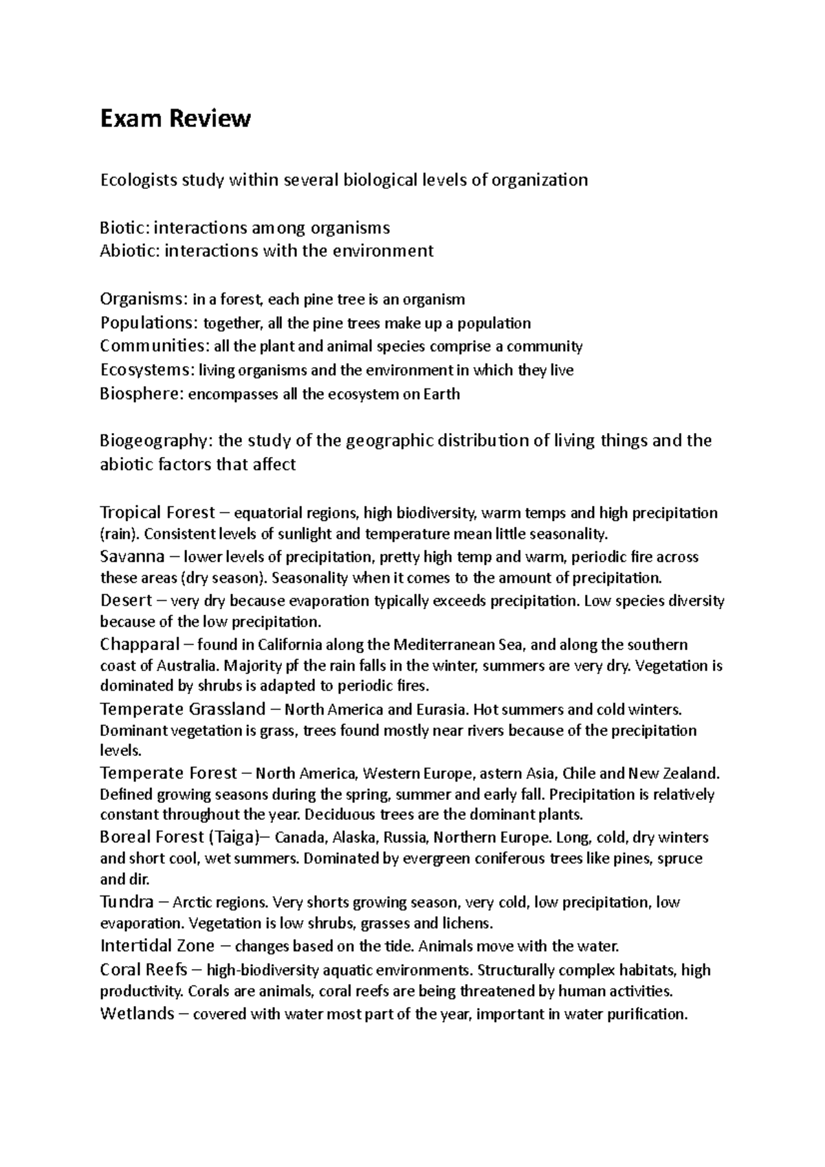 Exam Review for BIO 101: Ecology Basics and Biogeography Concepts - Studocu