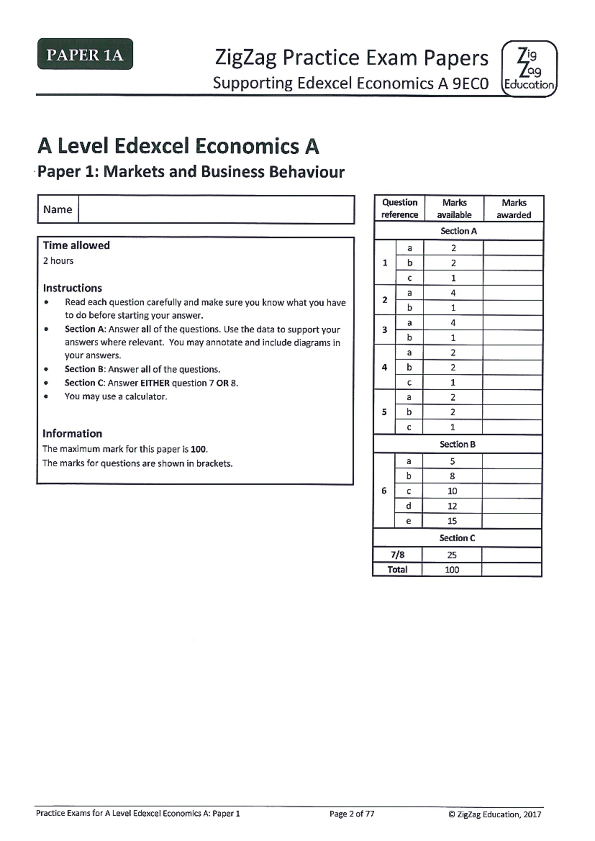 Edexcel Economics A Level Paper 1A Practice Exam Questions - Studocu
