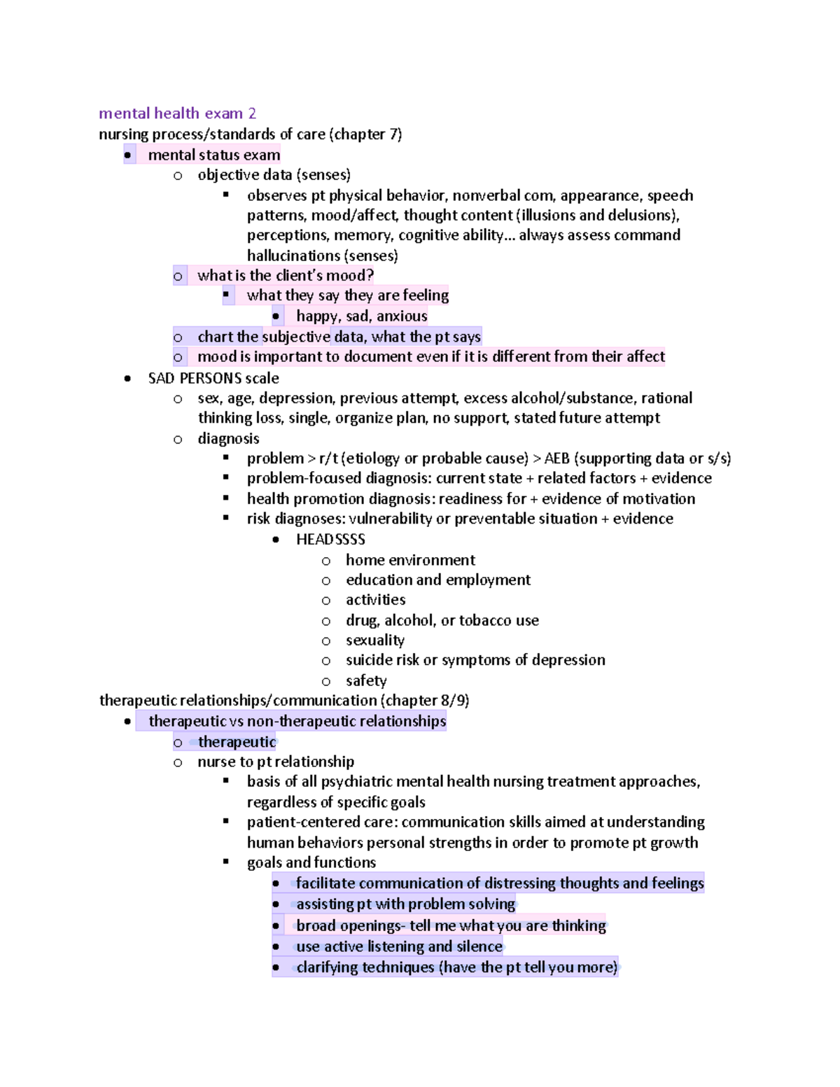 Mental Exam 2 - Exam 2 notes - mental health exam 2 nursing process ...