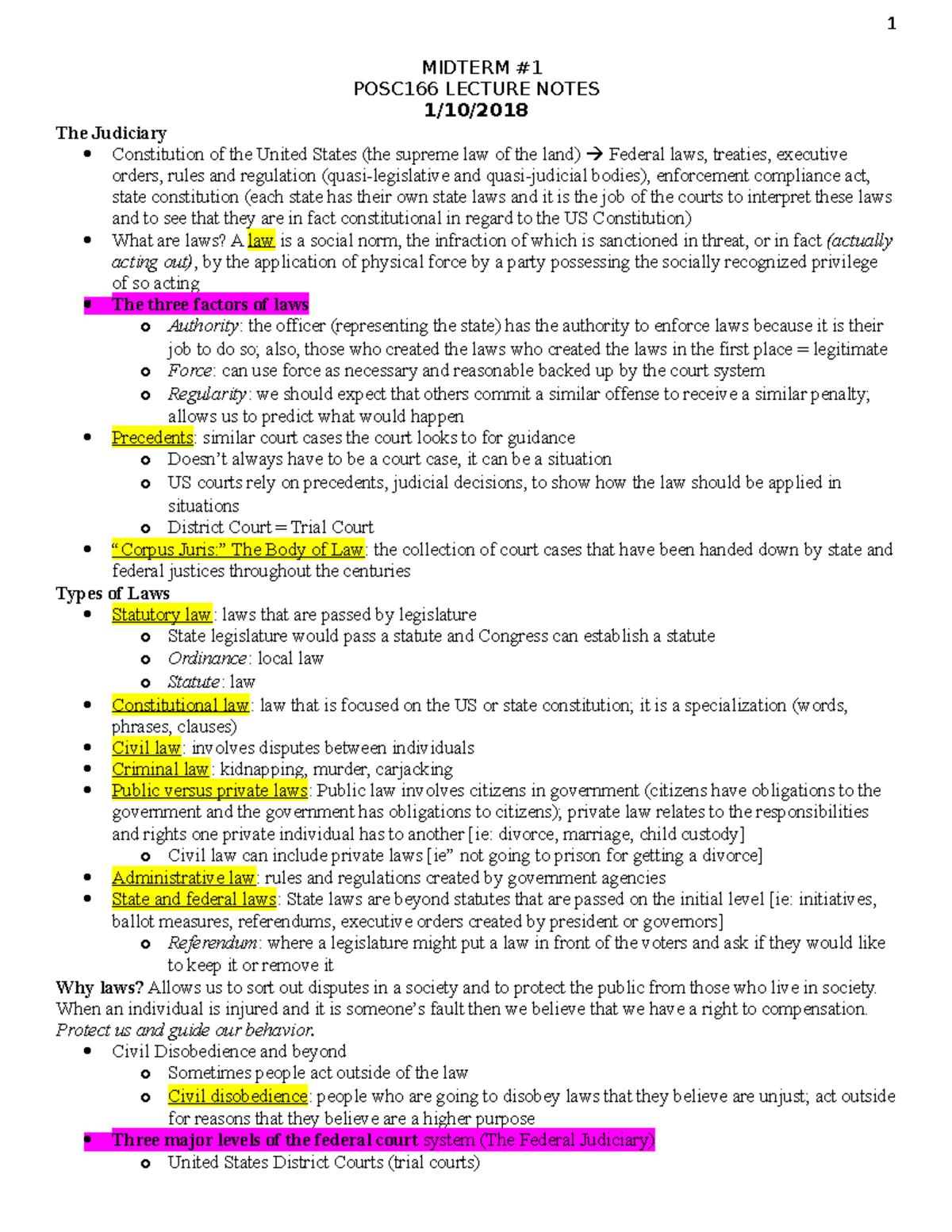 POSC166 Lecture Notes - 1 MIDTERM POSC166 LECTURE NOTES The Judiciary ...