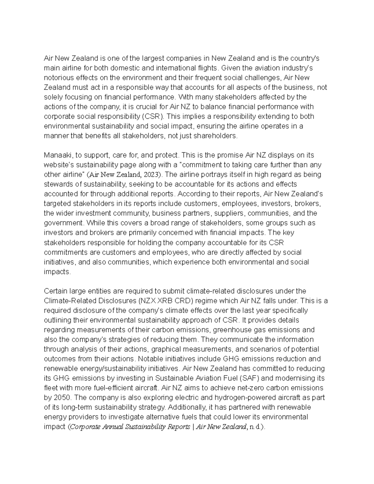 Accy 308 Essay: Air New Zealand's Corporate Social Responsibility ...