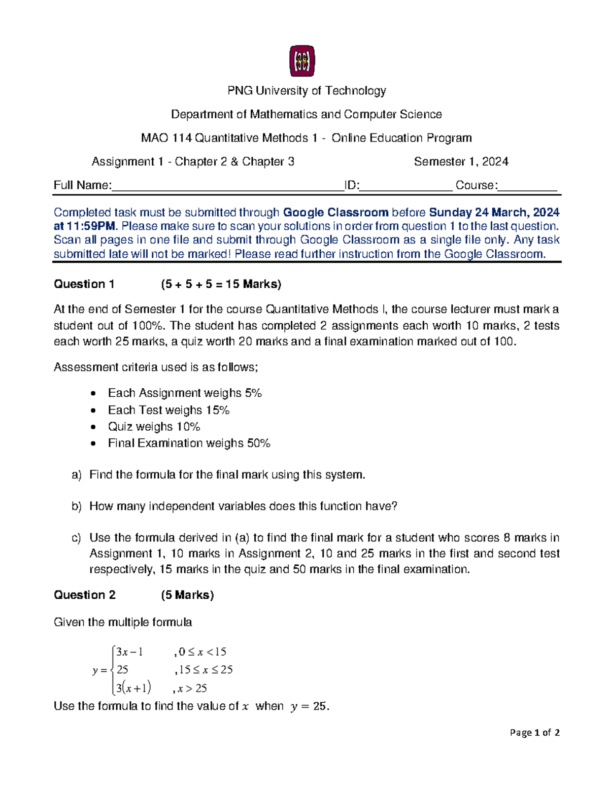 MAO 114 Assignment 1 - Functions in Quantitative Methods 1 - Studocu