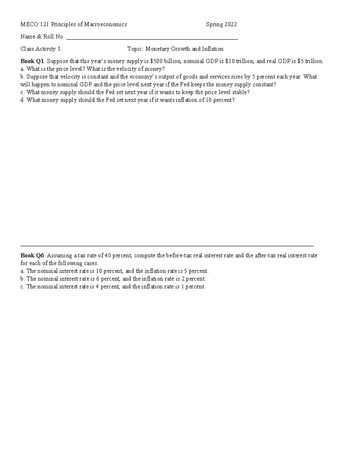 MECO 121 Activity 5: Monetary Growth & Inflation Analysis - Studocu