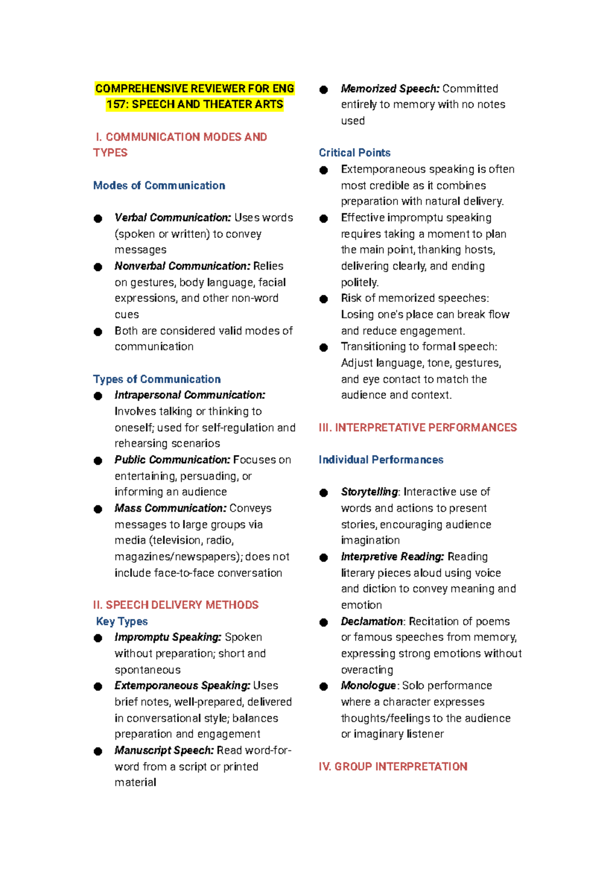 ENG 157: Comprehensive Reviewer for Speech and Theater Arts I - Studocu