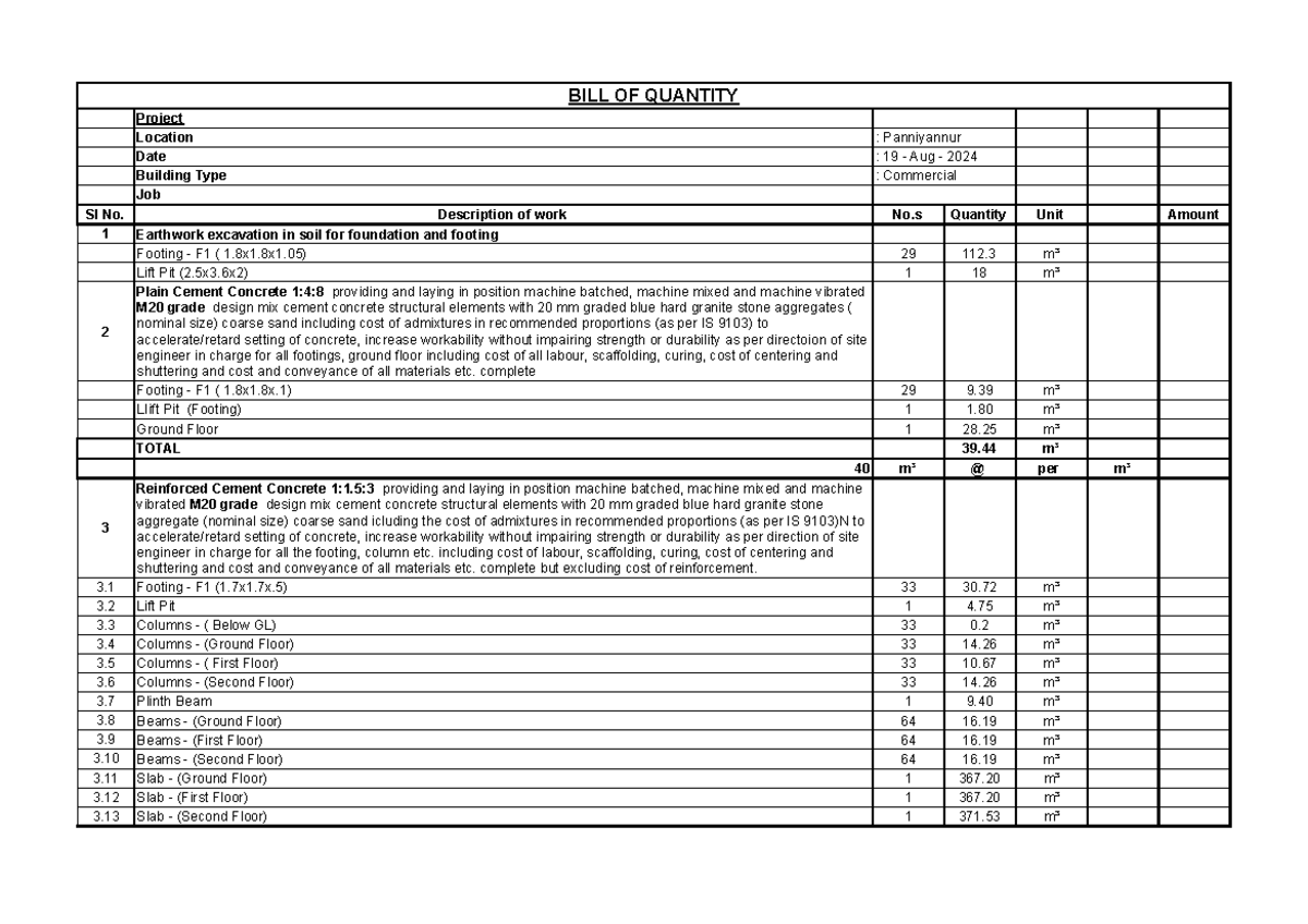 BILL OF QUANTITY for Commercial Building Project (Panniyannur) - Studocu