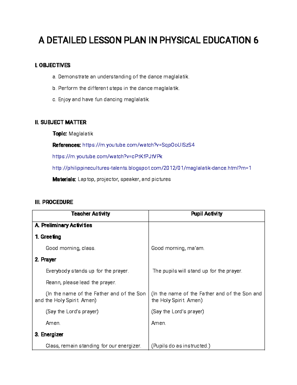 Grade 6 Physical Education Lesson Plan: Maglalatik Dance Details - Studocu