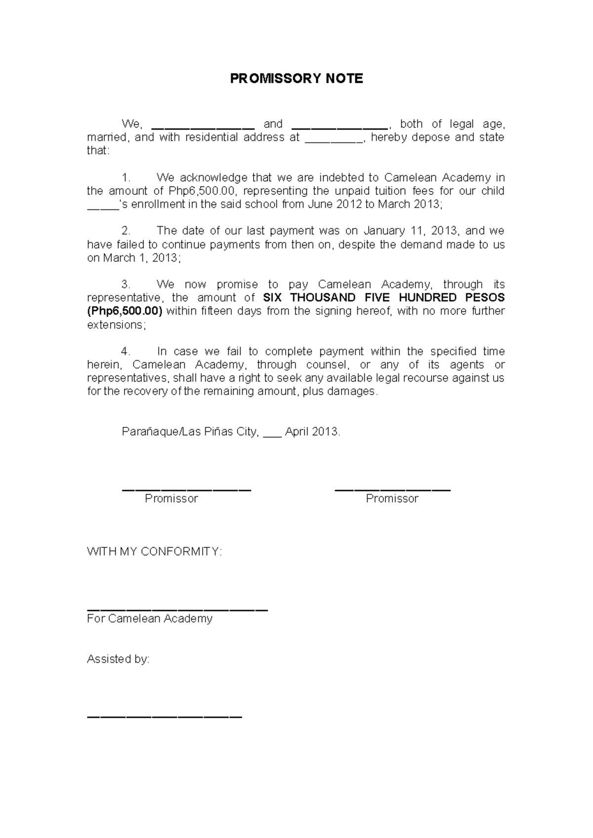 Promissory Note for Tuition Fees - Camelean Academy - Studocu