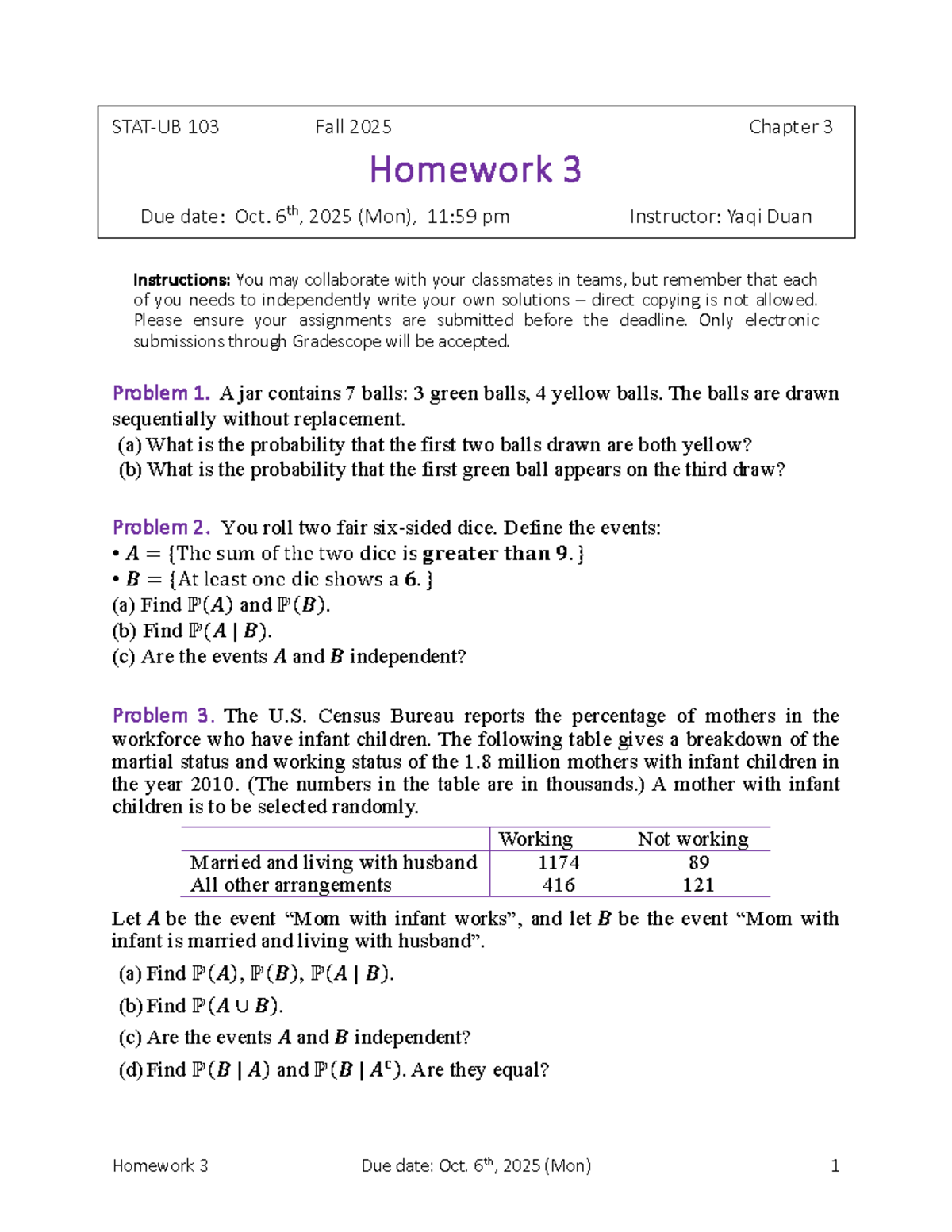 STAT-UB 103 Fall 2025 Chapter 3 Homework 3: Probability & Statistics ...