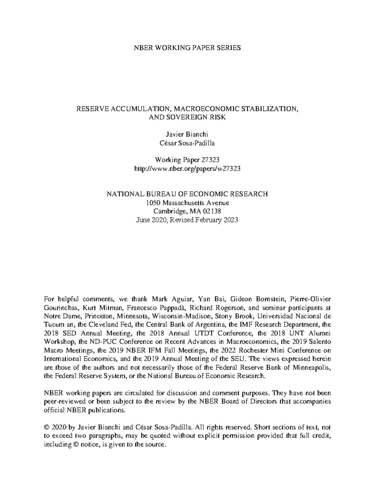 NBER Working Paper 27323: Reserve Accumulation & Sovereign Risk ...
