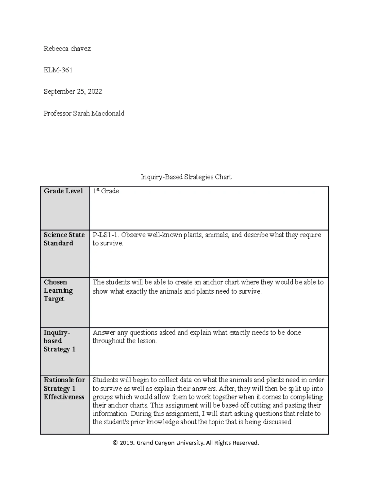 Inquiry-Based Strategy Chart for ELM 361: First Grade Science & Health ...