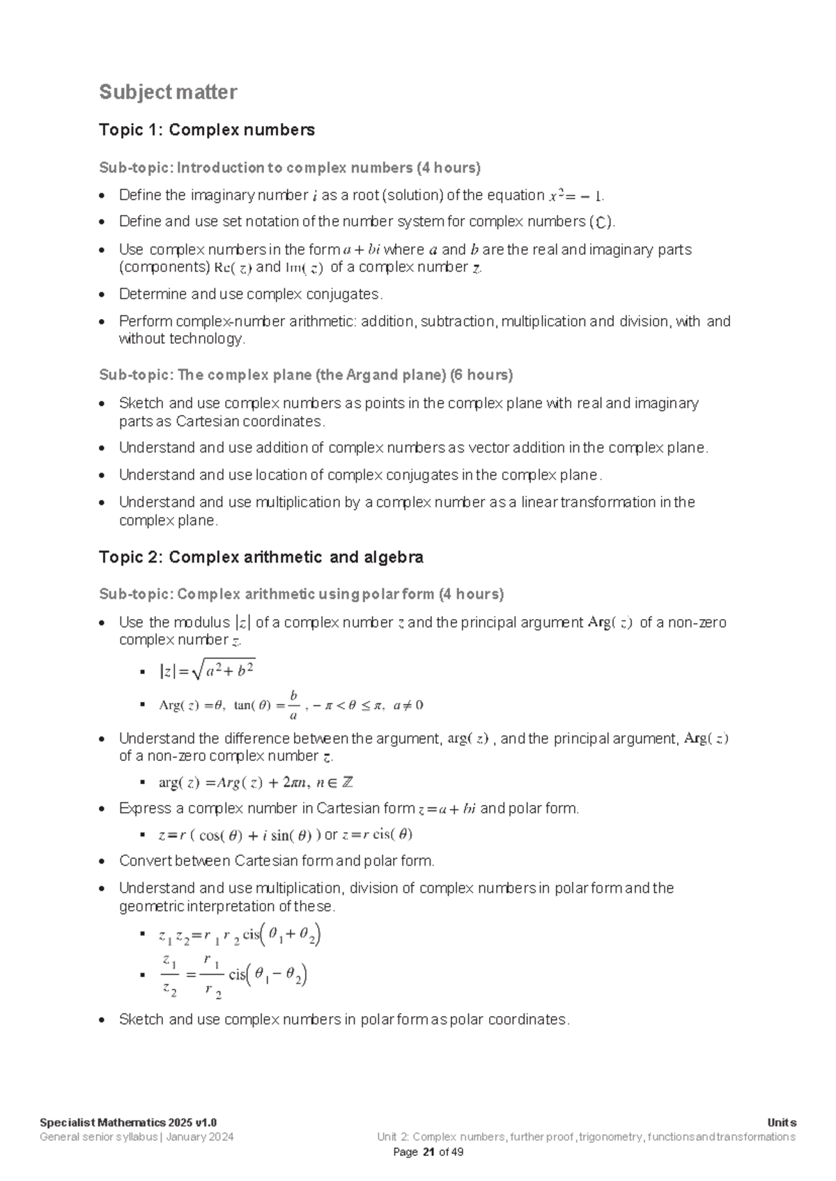 Specialist Mathematics 2025: Unit 2 Overview - Studocu