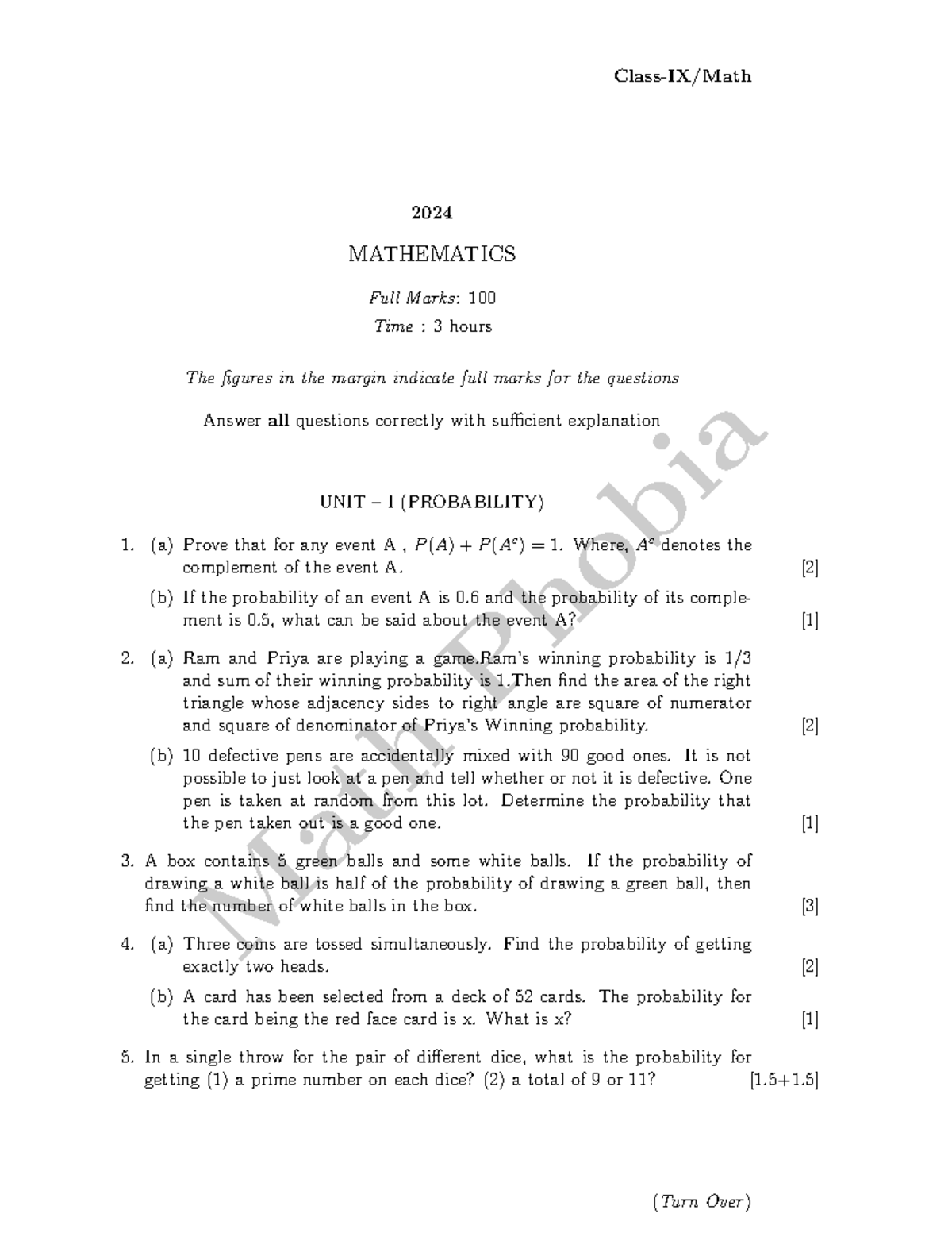 Class IX Math - Practice Questions on Probability & Area Concepts - Studocu