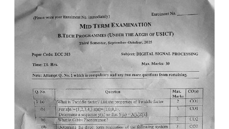 Digital Signal Processing Mid Term Exam - B.Tech ECC 303 - Studocu