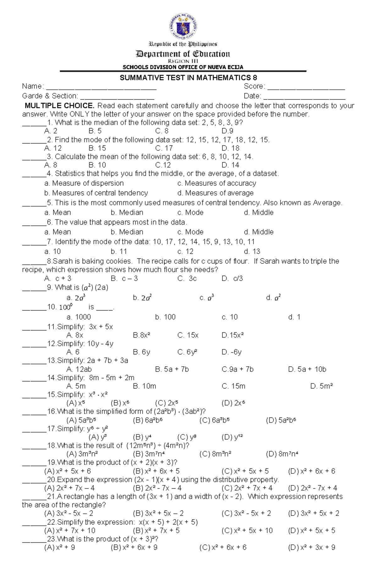 First Periodical Test - Summative Test in Mathematics 8 - Studocu