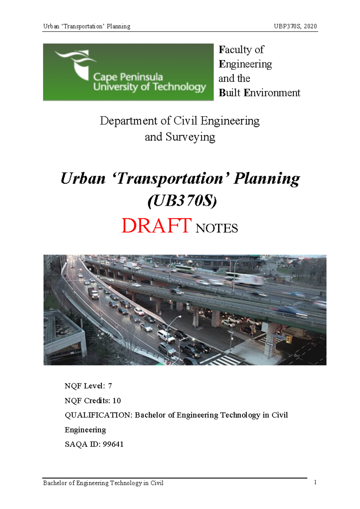 UBP370S Final Notes on Urban Transportation Planning - Studocu