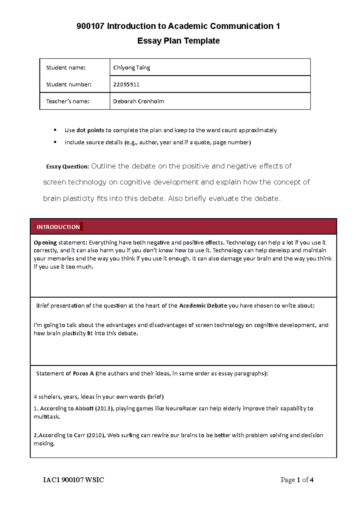 Chiyong Taing Essay Plan - Essay Plan Template “Student name:” Chiyong ...
