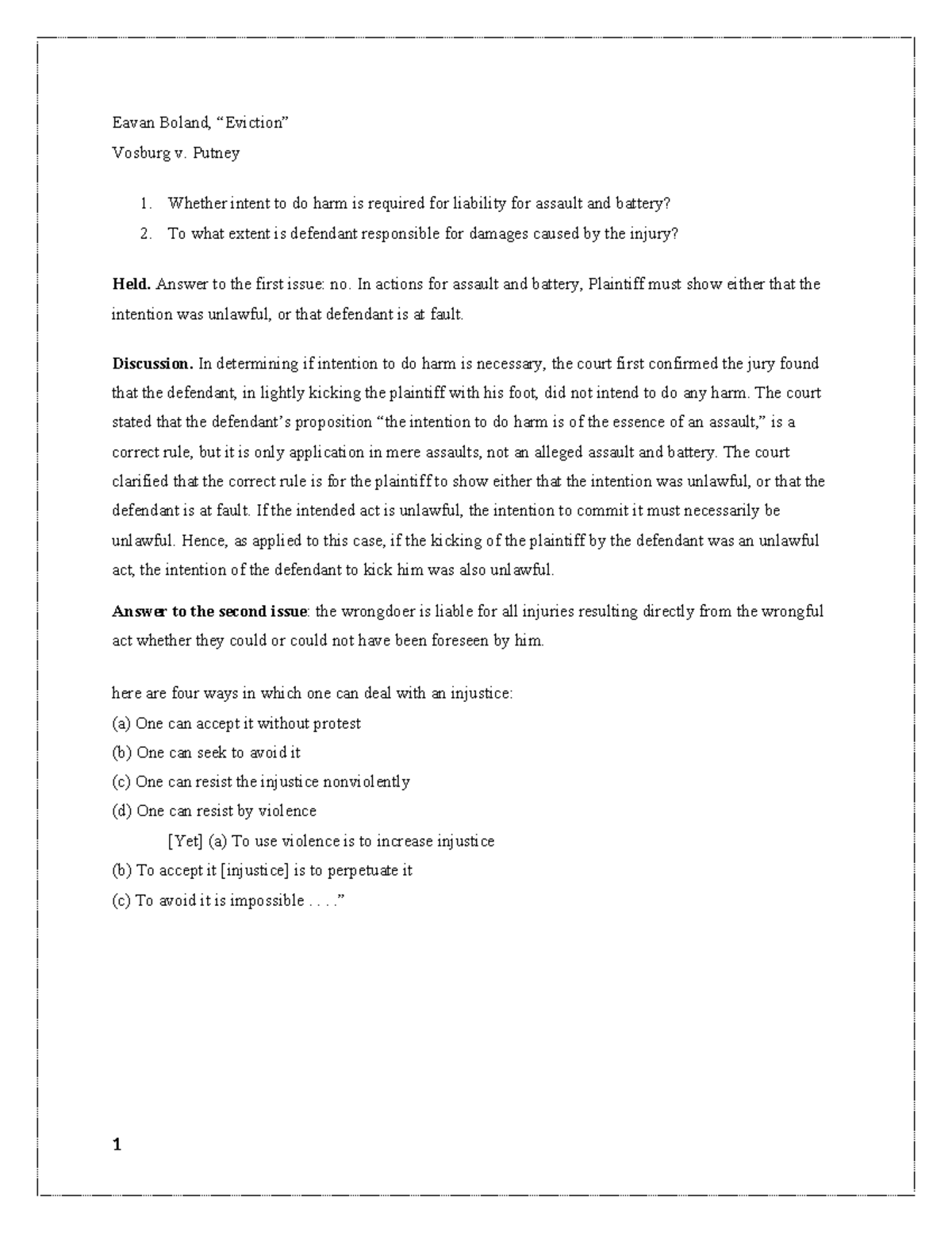 Tort 100 - Intent and Liability in Assault and Battery Cases - Studocu