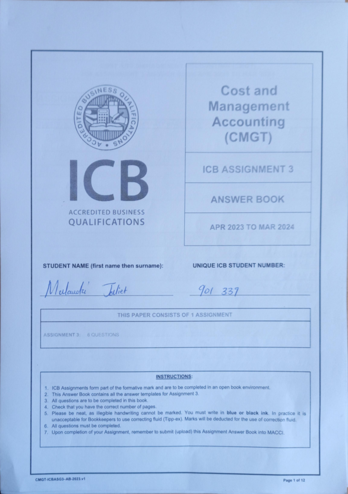 CMGT Cost and Management Accounting Assignment 3 Answer Book 2023 - Studocu