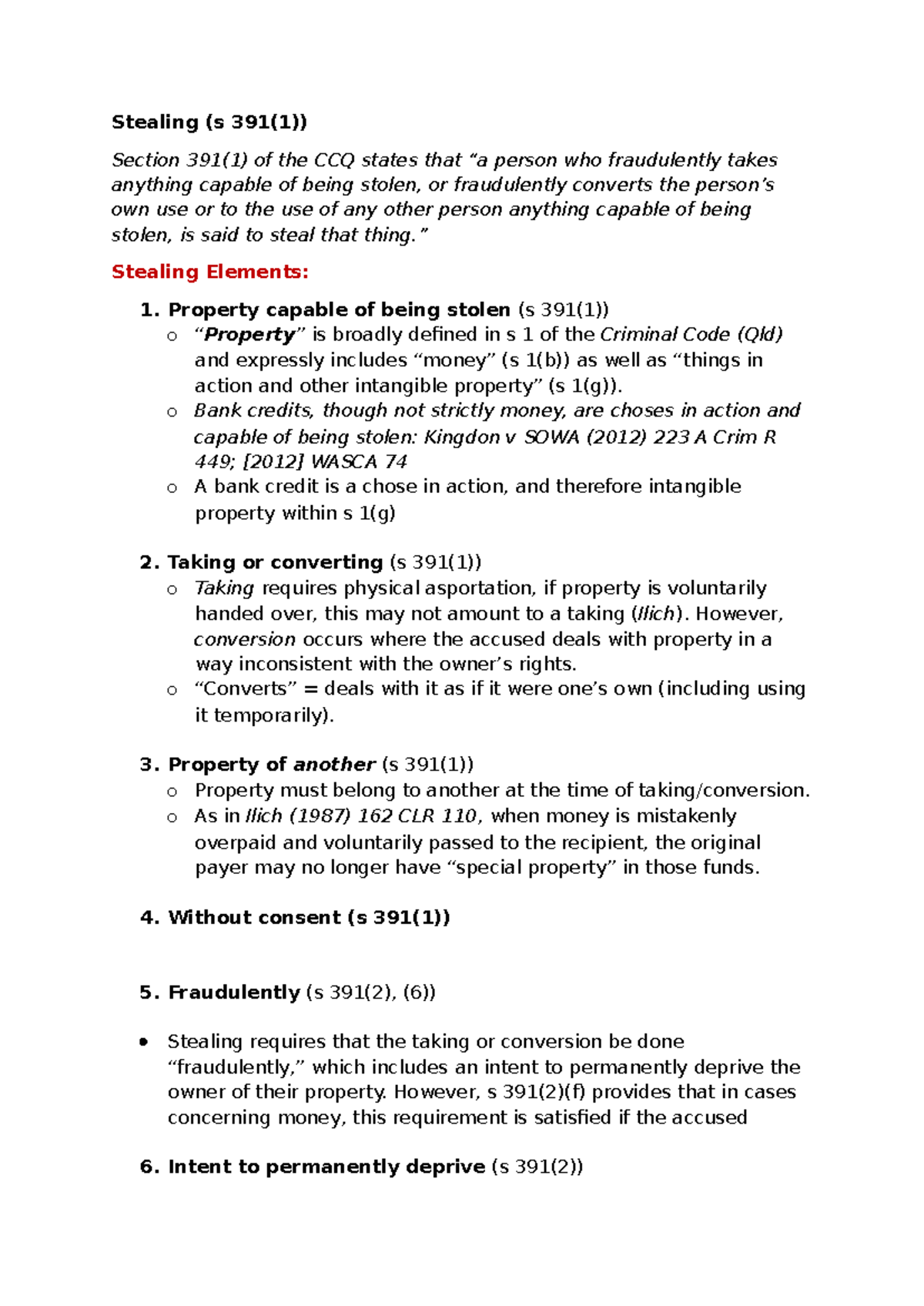 CCQ 391(1) Stealing: Key Elements and Legal Interpretations - Studocu