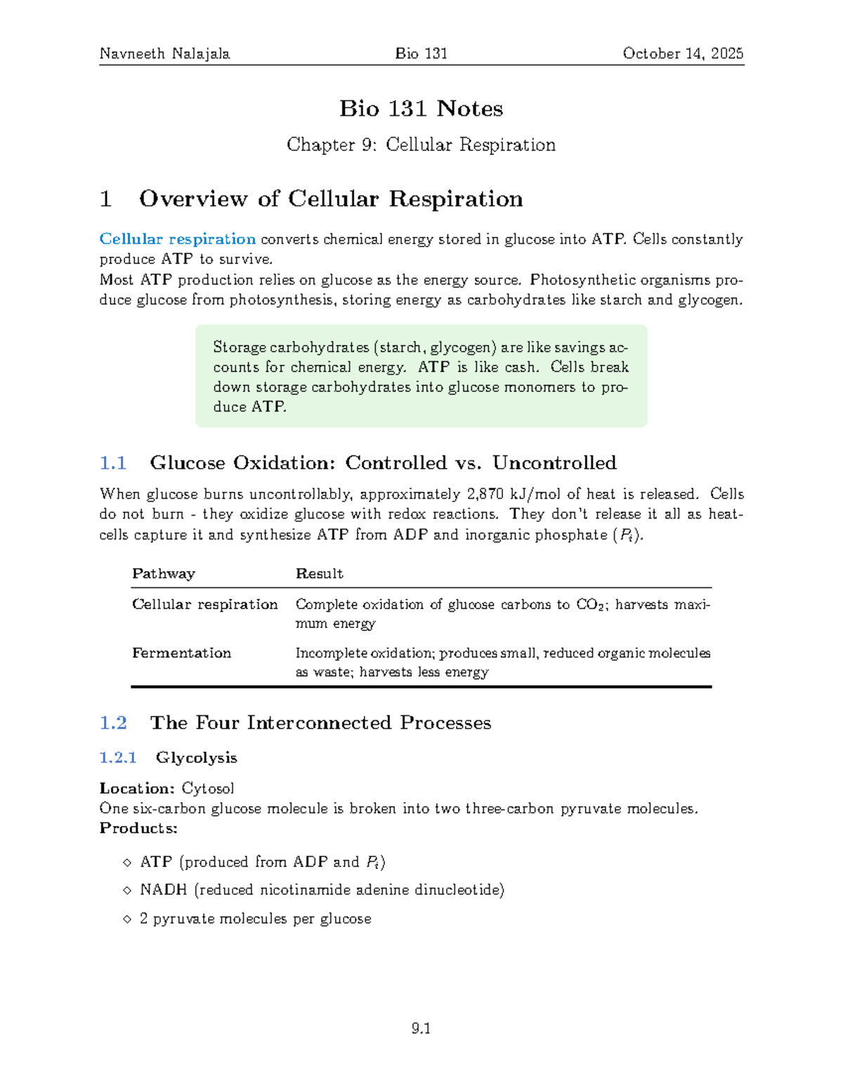 Bio 131 Final Exam Notes: Chapter 9 - Cellular Respiration Overview ...