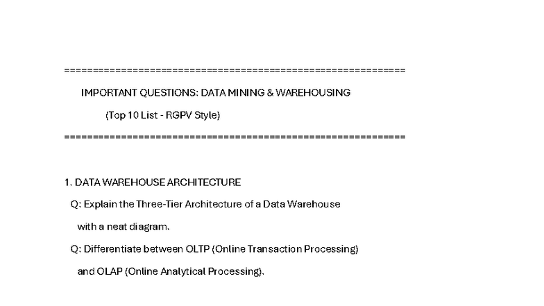IMPORTANT QUESTIONS: DATA MINING & WAREHOUSING (Top 10 RGPV) - Studocu