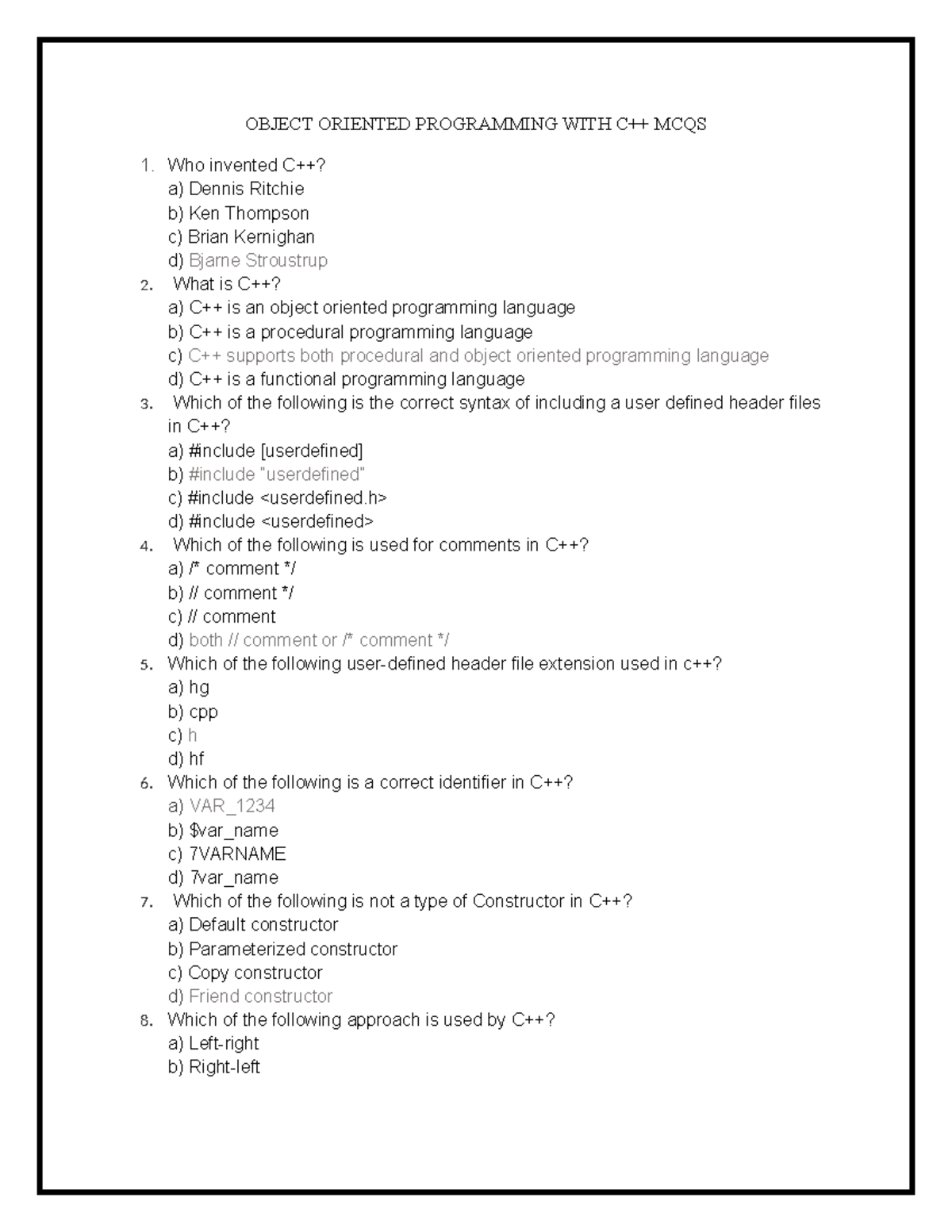Object Oriented Programming with C: MCQs Review Guide - Studocu