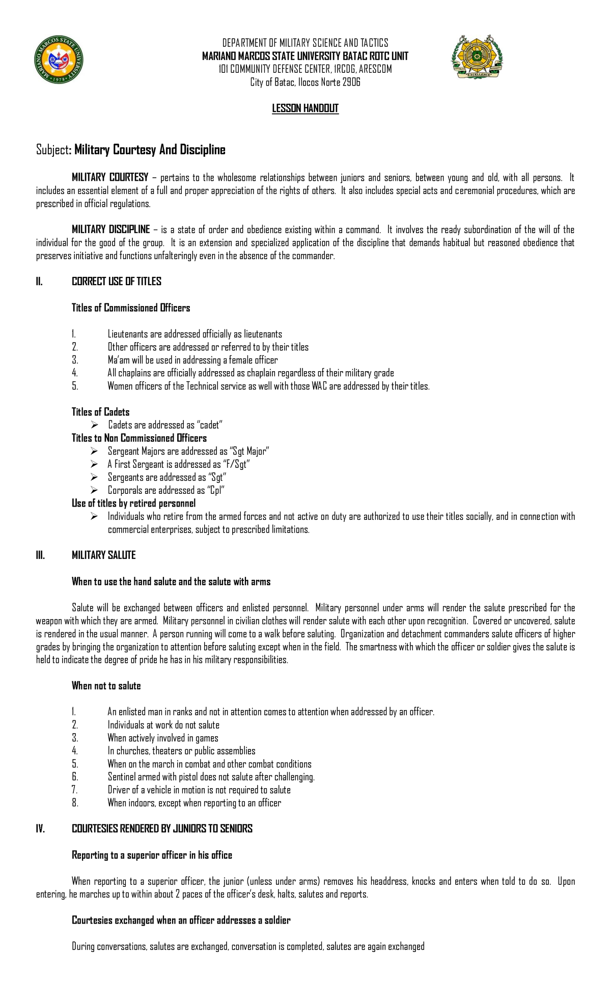 ROTC 101 Lesson Handout: Military Courtesy and Discipline Overview ...