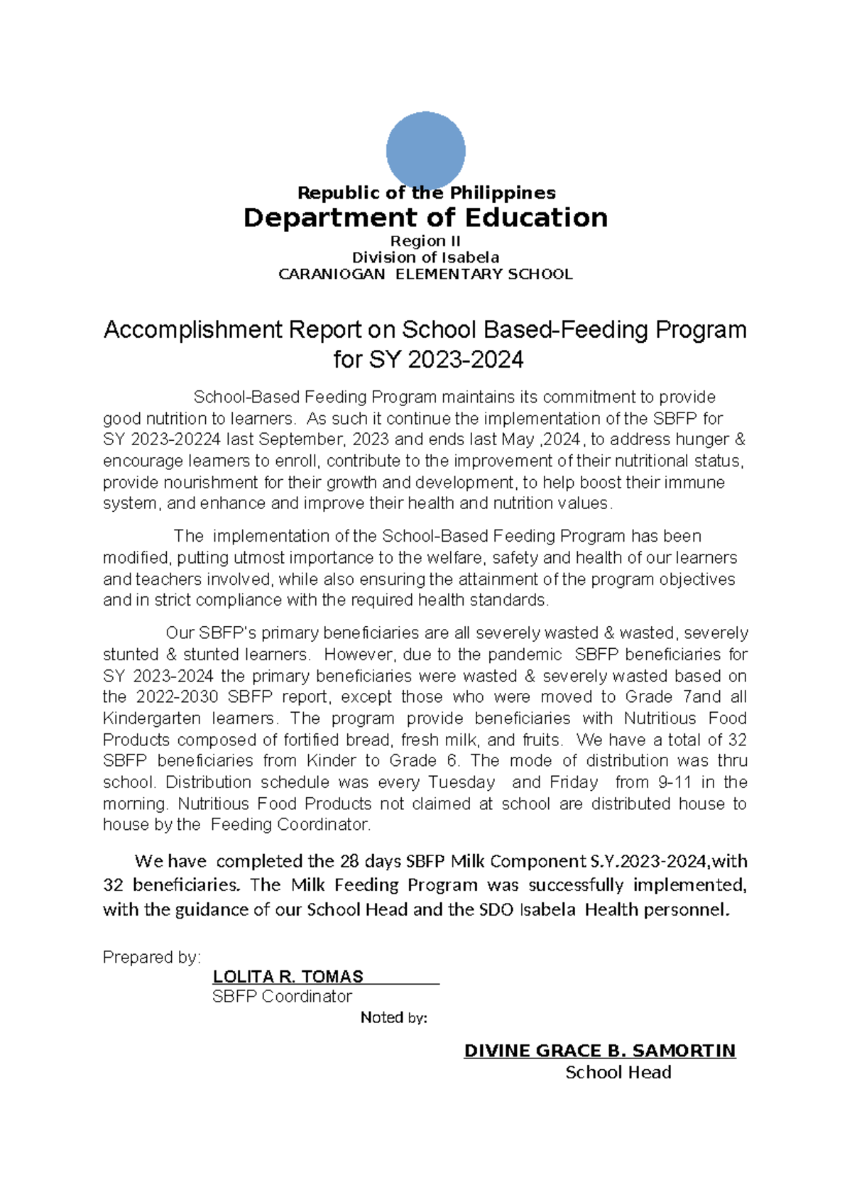 SBFP Accomplishment Report SY 2023-2024: Nutrition Program Overview ...
