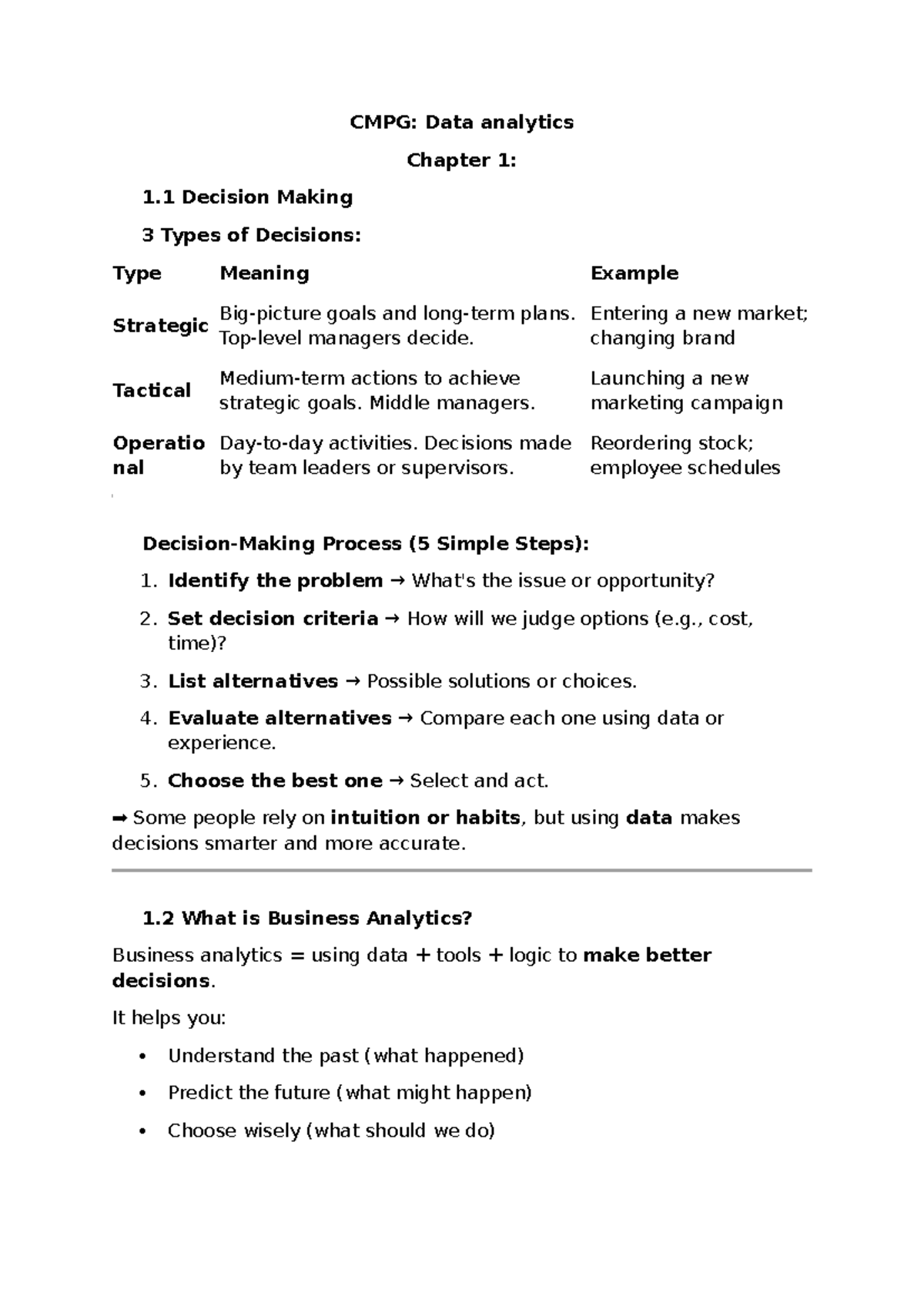 CMPG: Data Analytics Chapter 1 - Decision Making & Analytics Types ...