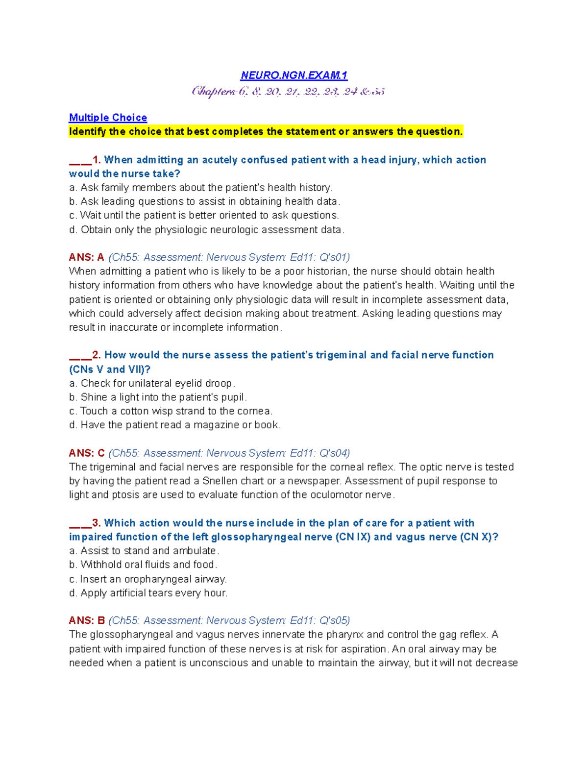 NEURO.NGN. Exam 1 Answers and Rationales: Essential Insights - Studocu