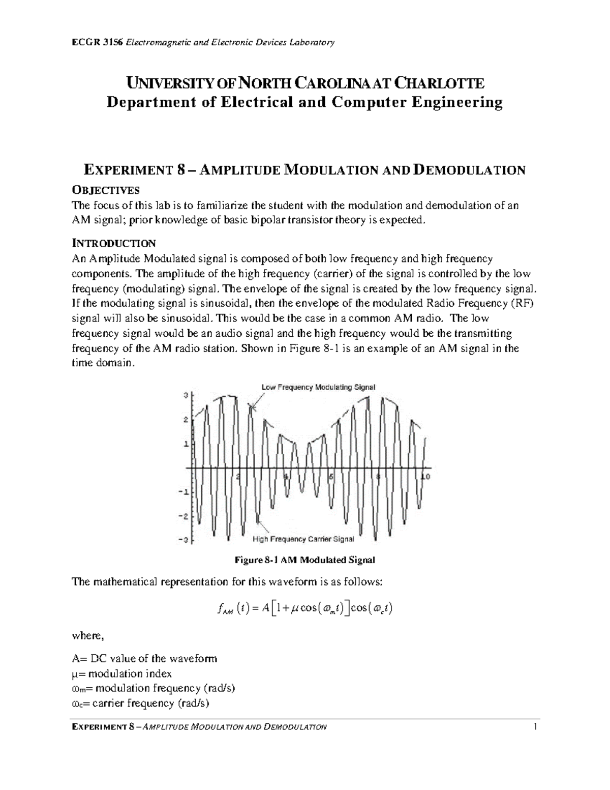 ECGR 3156 Experiment 8: Amplitude Modulation & Demodulation Lab - Studocu
