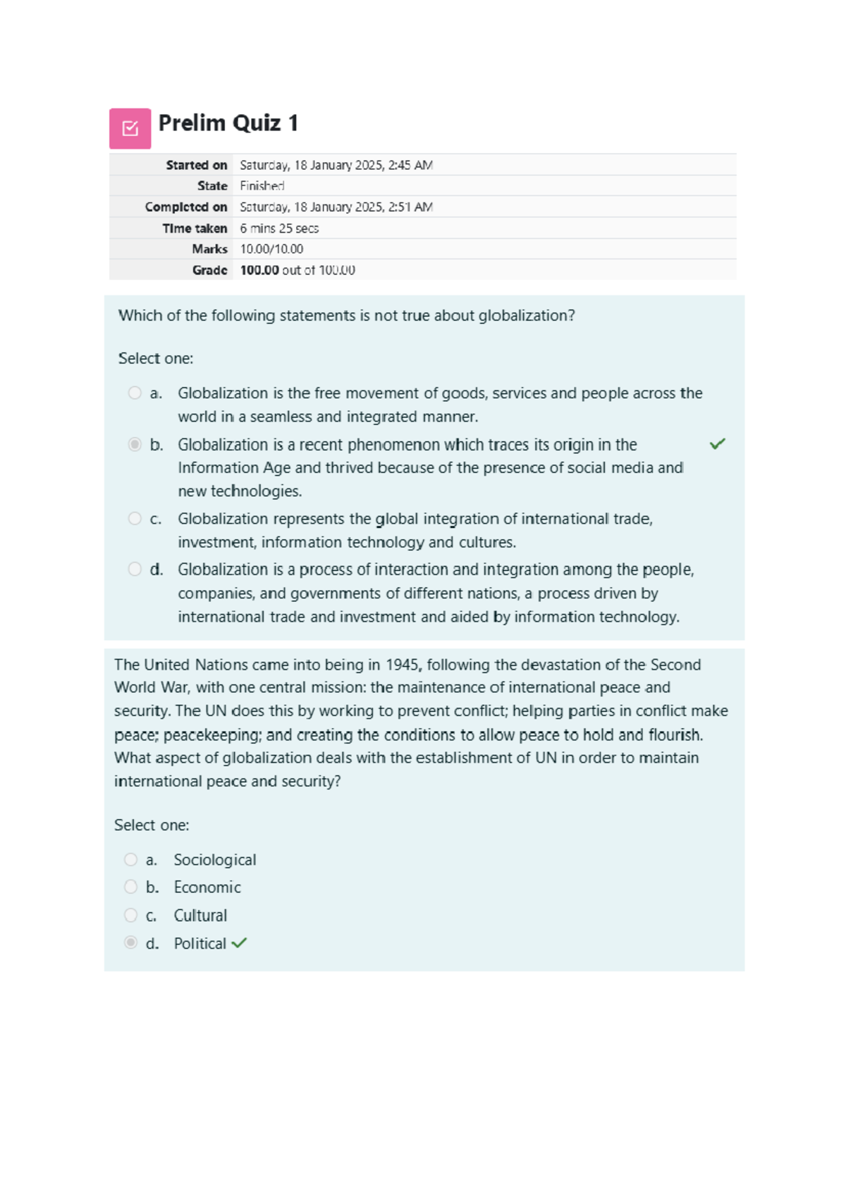 Prelim Quiz 1 - Answers on Globalization and Its Effects - Studocu