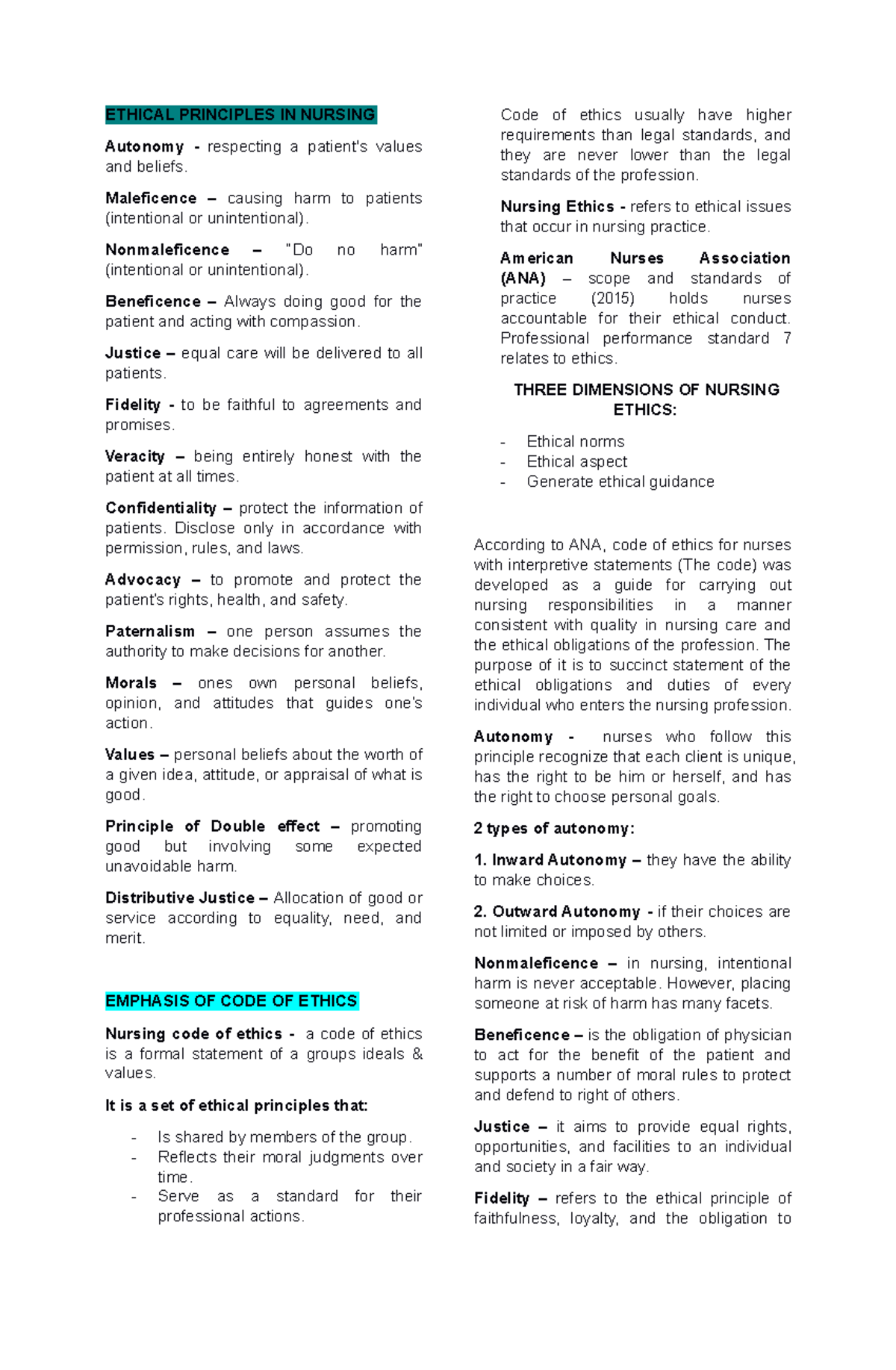 NUR 101 - Ethical Principles and Nursing Code of Ethics Lecture Notes ...