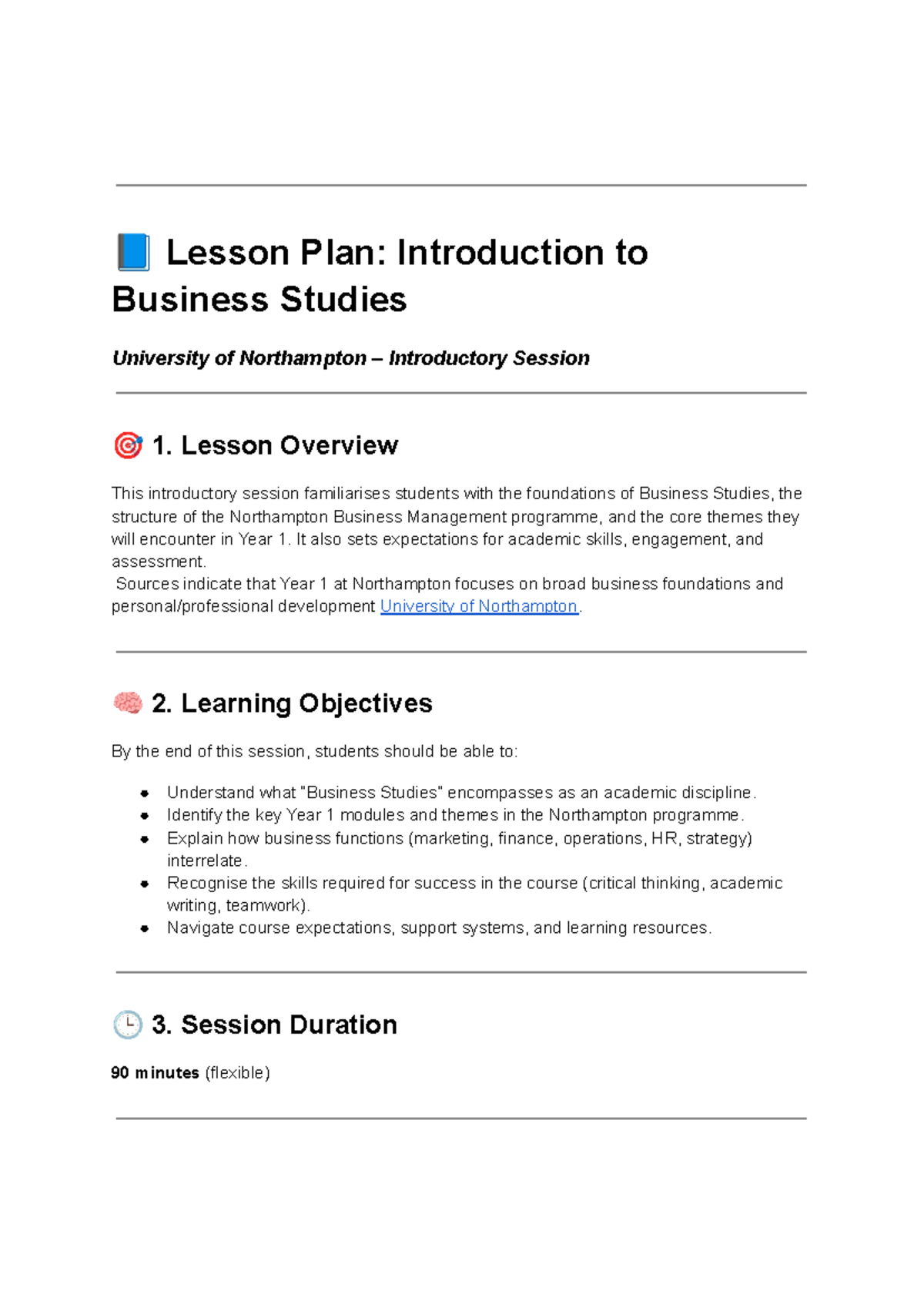 Lesson Plan: Intro to Business Studies - University of Northampton ...