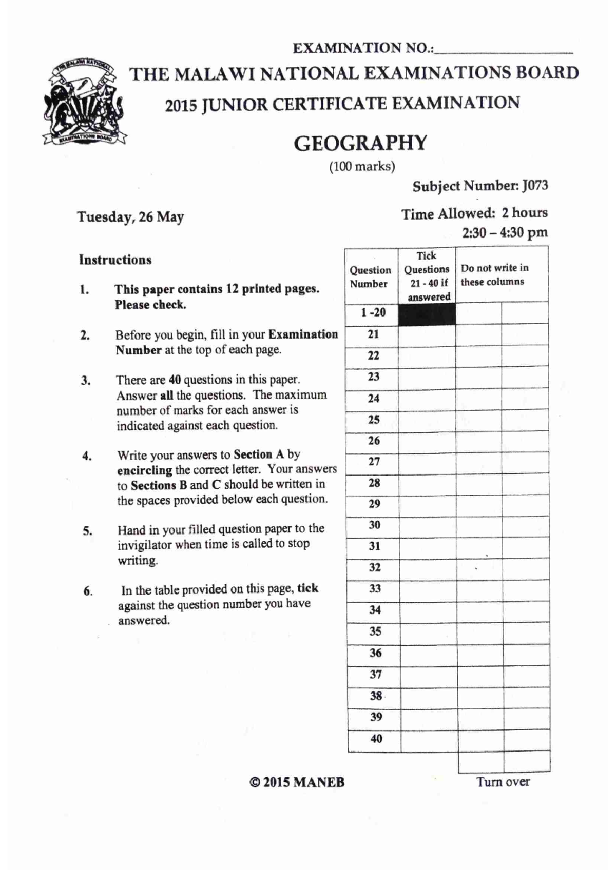 2015 JCE Geography Examination Paper - Junior Certificate Exam - Studocu