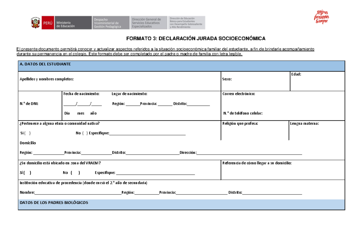 Formato de Declaración Jurada Socioeconómica - Modelo de Ficha 2023