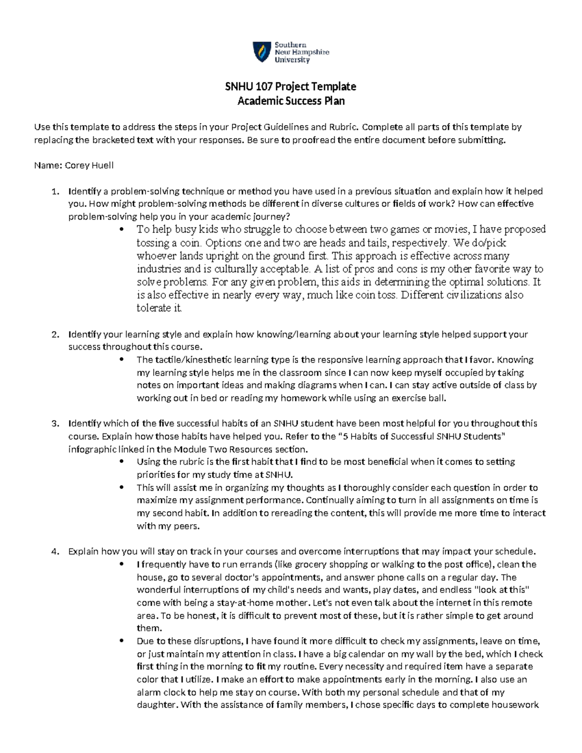 SNHU 107 Academic Success Plan: Strategies for Achievement - Studocu