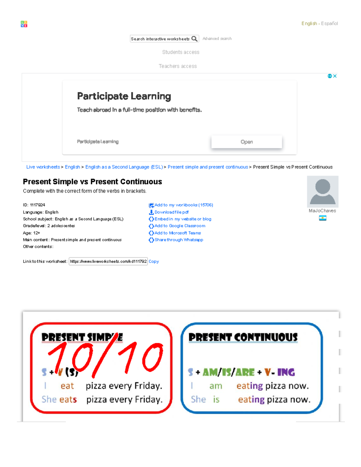 Present Simple vs Present Continuous Worksheet for ESL Students - Studocu