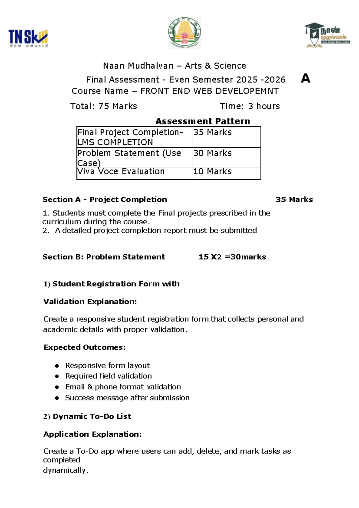 Naan Mudhalvan Arts Science Front End Web Development Final Assessment ...