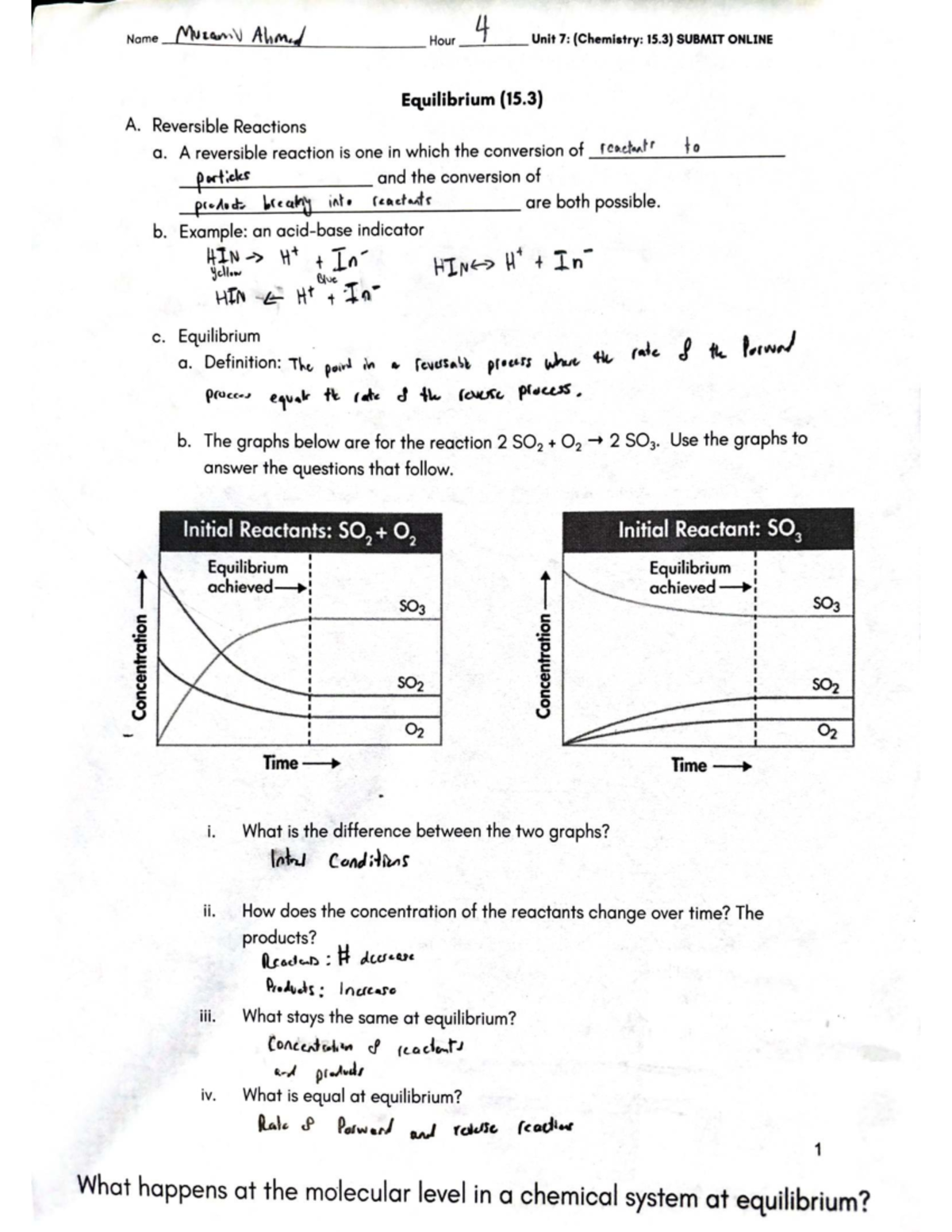 Chemistry 15.3: Unit 7 Equilibrium and Reversible Reactions - Studocu