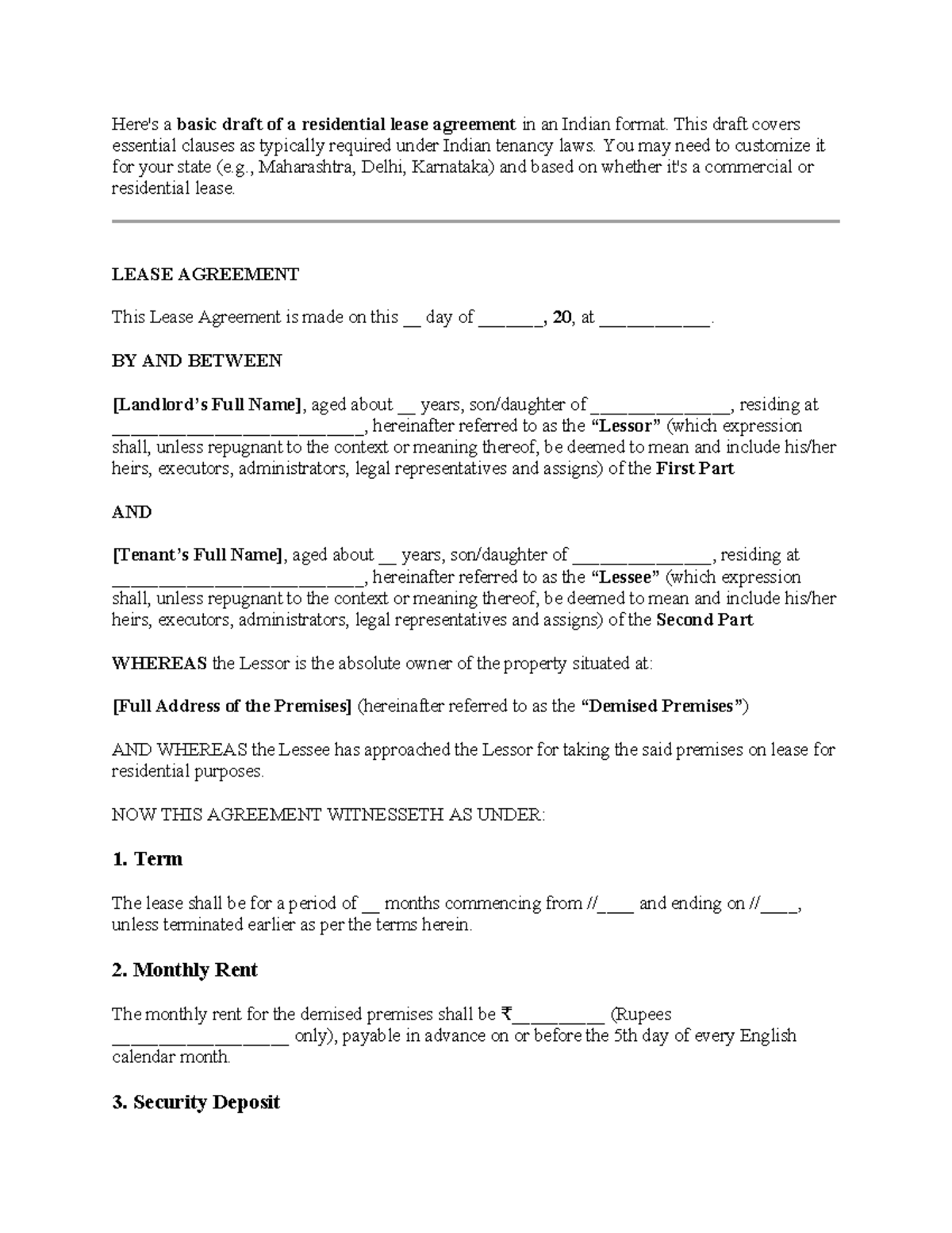 Draft of Residential Lease Agreement (India) - Customizable Template ...